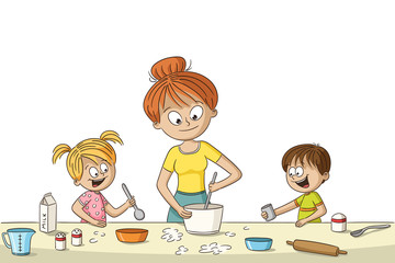 Mother and kids are cooking. Funny cartoon hand drawn character.