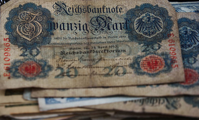 Fototapeta na wymiar German banknote from the year 1910, no longer valid, with a value of 20 Reichsmark
