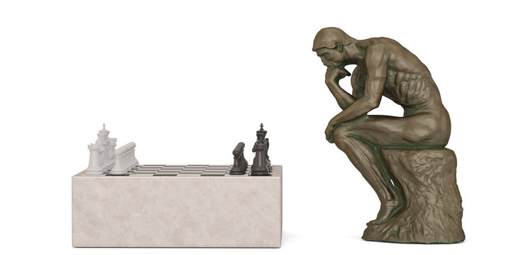 Copper thinker and chess isolated on white background 3D illustration.