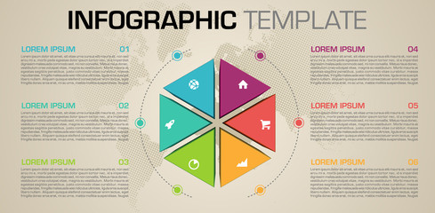 Modern infographics options template vector with colorful 3D hexagon and dotted world map