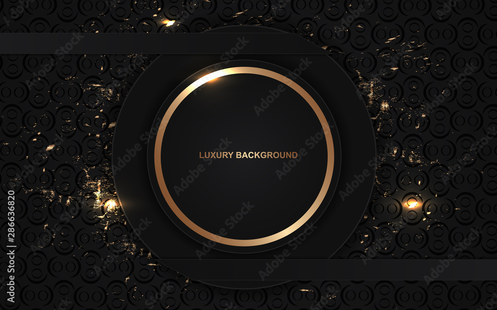 Poster abstract black overlapping layers background a combination with golden texture line decoration. dark