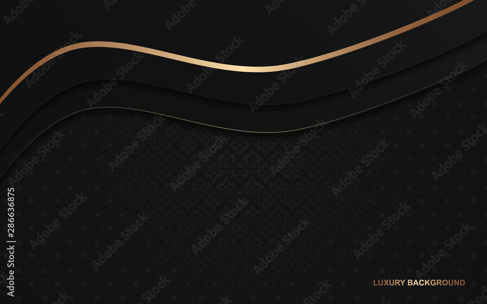 Poster abstract black overlapping layers background a combination with golden texture line decoration. dark