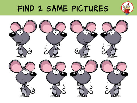 Funny little mouse. Find two same pictures. Educational game for children. Cartoon vector illustration
