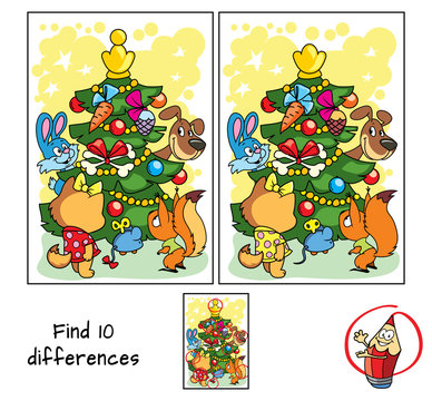 Squirrel, dog, cat and rabbit around the Christmas tree. Find 10 differences. Educational matching game for children. Cartoon vector illustration