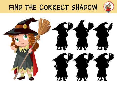 Cute little witch girl with a broomstick. Find the correct shadow. Educational matching game for children. Cartoon vector illustration