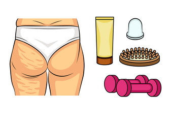 Color vector illustration before and after cellulite problems. Female hips rear view. Fat deposits on the female buttocks. Ways to combat cellulite. Infographics icons scrub, massage, fitness.