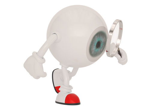 Eyeball Cartoon Character And Magnifier Isolated On White Background. 3D Illustration.