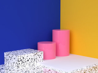 blue yellow wall corner minimal abstract geometric scene blank pink podium 3d rendering