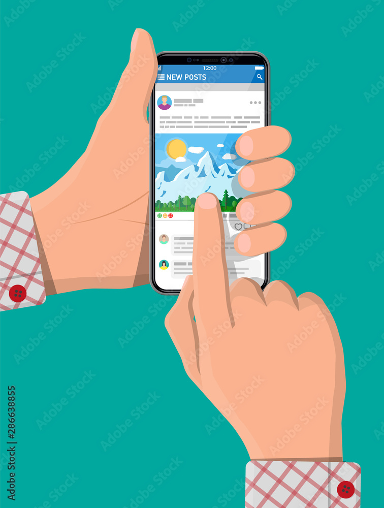 Poster social network interface app on smartphone screen in hand. news post frames pages on mobile device. 