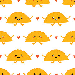 Cute vector seamless pattern background with smiling chebureki, deep-fried pastry characters and hearts for food and recipe design.