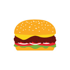 Cheeseburger, burger with big beef patty and vegetables vector cartoon illustration isolated on white background.