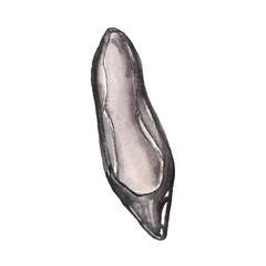 Watercolor illustration of cute patent leather pumps. Hand drawn isolated on white.