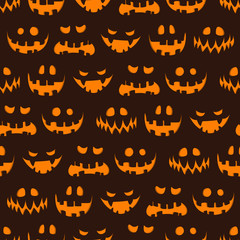 Seamless halloween pattern. Scary halloween pumpkins faces. Holiday design for greeting card, gify box, fabric, web design.