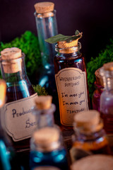 Potions, mixtures, and remedies for inspiration, motivation and productive work close-up....