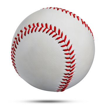White leather baseball ball  sewn rope red used to throw and hit with wood isolated on white background. This has clipping path.        