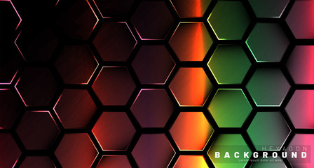 Abstract hexagon gradient colorful light pattern with a dark background technology style. Honeycomb. Vector illustration