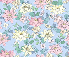 seamless pattern with lotuses and flowering branches