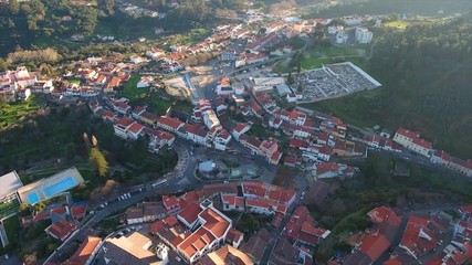 Aerial. Old historic village in mountains of southern Portugal, Monchique. Video Shooting from sky with a drone.