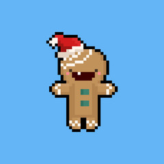 Pixel art cartoon gingerbread character with christmas hat.8bit.