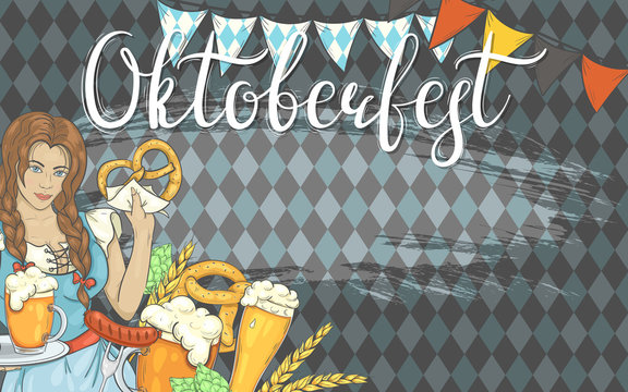 Banner for Oktoberfest. Background with girl, beer, sausages and other