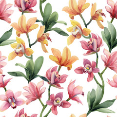 Naadloos patroon van gele, roze orchideebloemen en tropische bladeren op witte achtergrond.