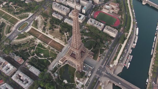 Aerial drone shot of the famous Eiffel Tower in Paris, France