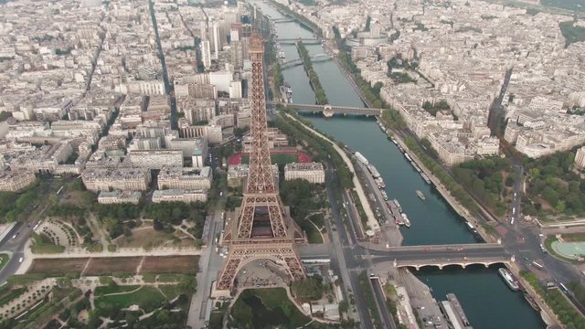 Aerial drone shot of the famous Eiffel Tower in Paris, France