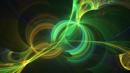 Abstract transparent green and yellow crystal shapes. Fantasy light background. Digital fractal art. 3d rendering.
