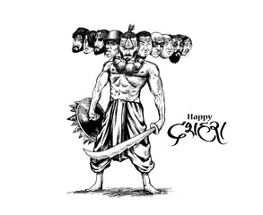Dussehra celebration - Angry Ravana with ten heads, Hand Drawn Sketch Vector illustration.