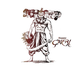 Dussehra celebration - Angry Ravana with ten heads, Hand Drawn Sketch Vector illustration.