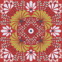 Vector paisley kerchief ornament print. Silk headscarf, pillow, interior decor square pattern design, oriental style fabric. - 286640470