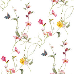Watercolor painting of leaf and flowers, seamless pattern on white background