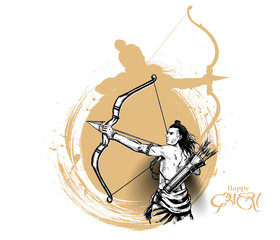 Lord Rama with arrow killing Ravana in Navratri festival of India poster with hindi text Dussehra, Vector illustration. - obrazy, fototapety, plakaty