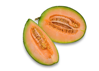 Melon Tibetan (Hamigua melon ) in red net foam protection isolated on white background. This has clipping path. 