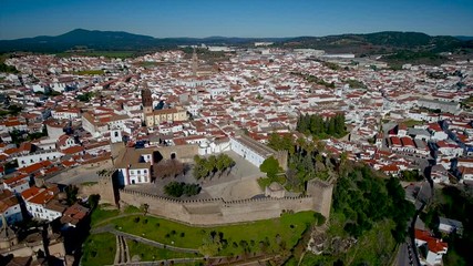 Aerial. Historic Spanish village Jerez de los Caballeros filmed from the sky