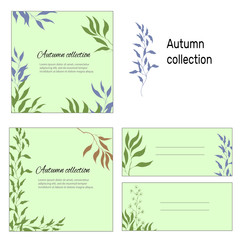 Collection of business cards and a template for text in the autumn style. Grass and plants on a green and beige background. Vector illustration for design presentations, business cards and cards.