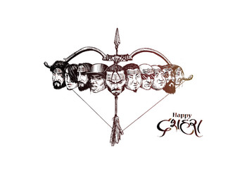 Dussehra celebration - Ravana ten heads with bow and arrow, Hand Drawn Sketch Vector illustration.