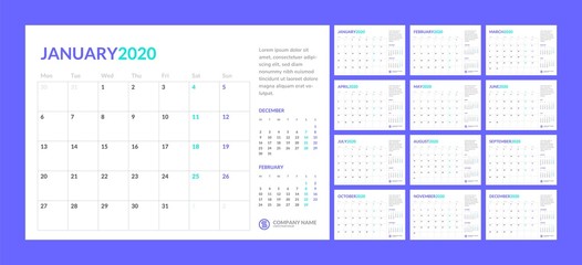 Wall calendar for 2020 year in clean minimal style. Week Starts on Monday. Set of 12 Months.