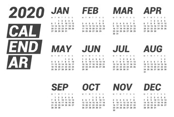Calendar for 2020 year in clean minimal style. Week Starts on Monday.
