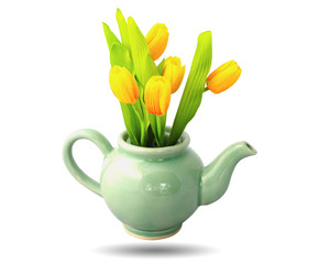 Yellow tulips made of fabric in vases isolated on white background. This has clipping path.       
