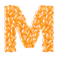 Orange letter M from helium balloons part of English alphabet.