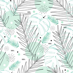 Abstract seamless pattern tropical mood with minimal shapes, watercolor tropical leaf. Art print with doodles, line, green texture. Tropical illustration for minimalism, hipster, scandinavian design