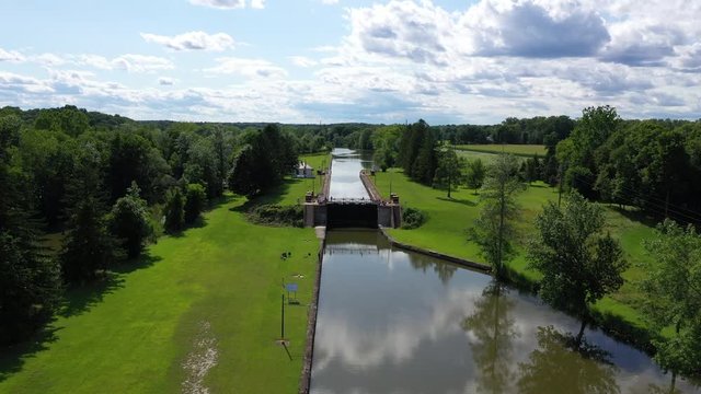 Aerial Erie Canal lock 29 Palmyra New York. Pioneer engineering wonder. 363 miles long man made waterway built in 1817. Transport of cargo from eastern ports and cities.