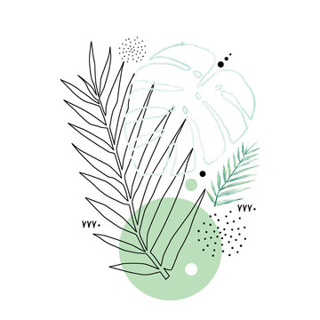 Abstract poster background minimal shapes, watercolor tropical leaf. Art print with doodles, line, blue texture. Tropical illustration for minimalism, hipster, scandinavian design, t-shirt print