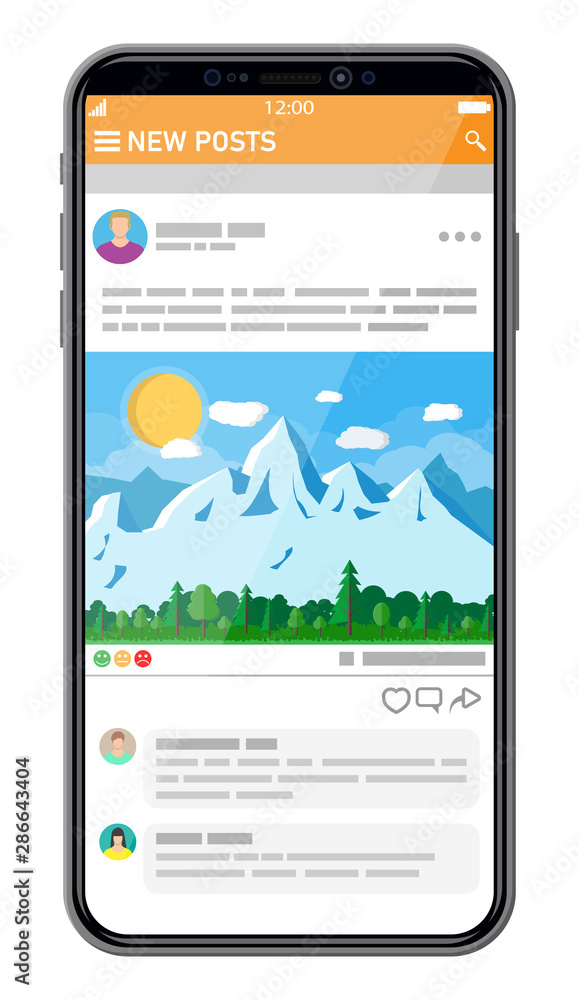 Poster social network interface template on smartphone screen. news post frames pages on mobile device. use