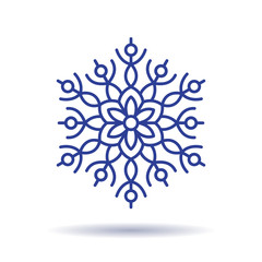 Blue snowflake isolated on white background. Snow element with shadow for Happy New Year and Merry Christmas holidays decoration. Beautiful and simple winter season design vector illustration.