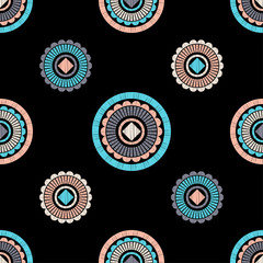 Ethnic boho seamless pattern. Lace. Embroidery on fabric. Patchwork texture. Weaving. Traditional ornament. Tribal pattern. Folk motif. Can be used for wallpaper, textile, wrapping, web. 