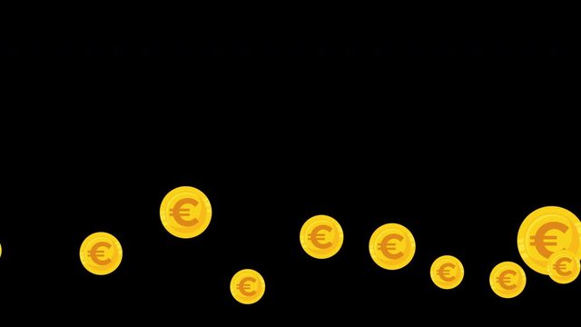 Euro coins flux moving in slow motion. 4k animation with alpha transparency. Currency European background for stock market, finance, banking, forecasting, economic, Europe business video.