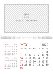 Fototapeta na wymiar Wall calendar planner template for May 2020 year with place for photo. English vector layout with dates on white background. Week starts from Sunday. Corporate polygraphy minimal design for print