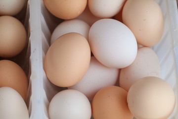 Fresh farm chicken eggs on the counter.